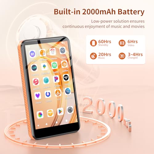 Fanvace Android 13 MP3 Player with Bluetooth and WiFi, MP3 MP4 Player with 4" Touchscreen and Speaker, 4GB RAM & 32GB ROM, Spotify Music Player with Audible, Amazon Music, Play Store (Orange)
