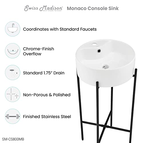 Monaco 15.75" Round Console Sink With Faucet Mount, White Basin Matte Black Legs #TOP7
