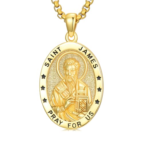 Seiyang Gold Plated St James Necklace for Men 925 Sterling Silver Saint James Medal St. James Pendant Protection Jewelry Religious Gifts for Men