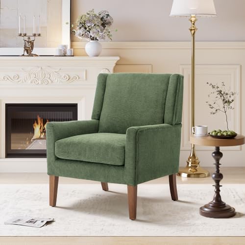 Living Room Chair, Wingback Mid-Century Accent Chair &ndash; Comfy Single Sofa with Solid Wood Legs...