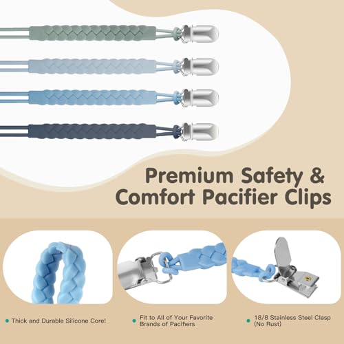 Image of TenderBabe Silicone Pacifier Clip for Baby Boys and Girls, Pack of 6 Soft Flexible Paci Binky Clips with One-Piece Braided-Style Design,BPA-Free Newborn Essentials