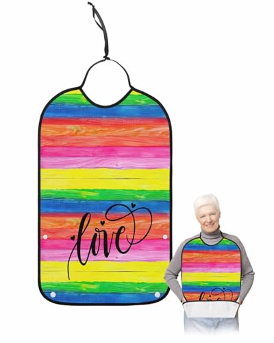 Jolunifun Love Rainbow Adult Bib for Adults Men, Women, Colorful Watercolor Wood Grain Washable & Adjustable Terry Cloth Bib with Crumb Catcher Reusable Waterproof Clothing Clothes Protector Apron