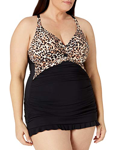 Profile by Gottex Women's Plus-Size Racerback V-Neck Swimdress One Piece Swimsuit, Wild Thing Leopard, 20W