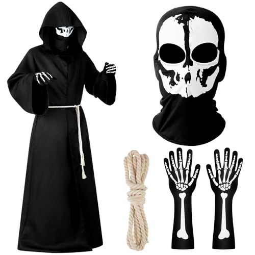 Tisancy Costume d'Halloween de faucheuse pour homme et faux squelette en plastique avec couvre-visage et gants, tunique, cosplay, robe à capuche, accessoires