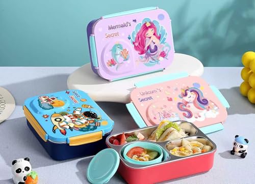 Image of Soreign Stainless Steel Kids Lunch Box (3 Compartments) | SUS 304 Food Grade Steel | Leakproof Tiffin with Spoon & Chopsticks | Bento Lunch Box for School, Office (750ml + 150ml) (Unico'S Secret)