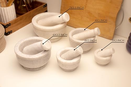 Image of B.R. & Sons 4 Inch White Marble Mortar and Pestle Set | Stylish Imam Dasta, Ohkli Musal for Spices & Herbs - Available in Various Shapes & Colors (WHITE POLISHED 4 INCH)