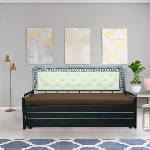 Image of Rexo Metal Sofa Cum Bed with Hydraulic Storage | 3 Seater Convertible Sofa Bed for Living Room | Heavy Duty Metal FrameMatte Black Finish with Dark Brown Cushion, Queen