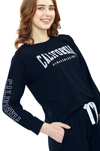 Image of ZEYO Women's Cotton Typography Printed Relaxed Night Suit Set of Top & Joggers