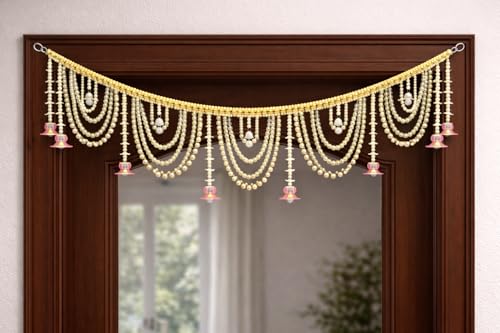 Image of Designer Pearl Beads Toran for Door | Pink Lotus Hanging Bandarwal | 3 Feet Length | Elegant Traditional Door & Pooja Decoration for Diwali, Wedding & Housewarming