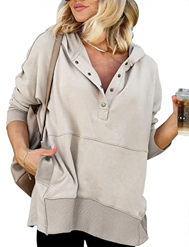 Onlypuff Pullover Hoodies For Women V Neck Sweatshirt Button Up Juniors Hooded Sweatshirt Long Sleeve Winter Top Apricot M #TOP1