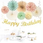 Sage-Green Blush-Pink Beige Birthday Party-Decorations - 21pcs Happy Banner,Cream Light Dusty Pink Paper Lanterns Pom Poms,Rustic Boho Neutral Streamers Garland,Women Girls Decor Supplies Huglony - Image 4