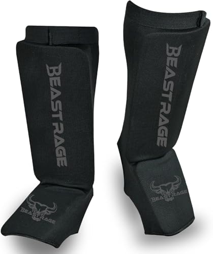 BEAST RAGE Parastinchi per Muay Thai, Kickboxing, MMA, Taekwondo, Boxe, Arti Marziali, Calzini Elasticizzati Imbottiti per la Protezione del Collo del Piede delle Gambe, Parastinchi, Allenamento