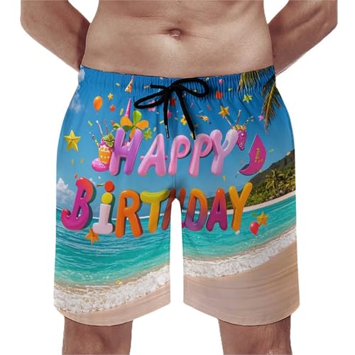 Mens Swim Trunks with Mesh Lining Happy Birthday on The Beach Beach Shorts Quick Dry Drawstring Board Shorts with Pocket XL3