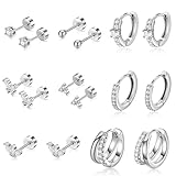 Turandoss 8 pares de aretes de aro de plata y oro para mujer, hipoalergénicos, chapados en oro de 14 quilates, circonita cúbica, bola redonda, trébol, mariposa, cartílago para múltiples piercings
