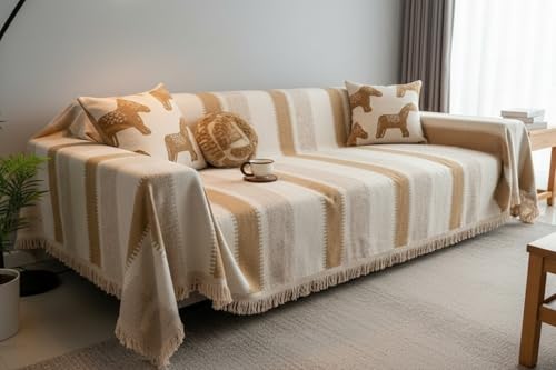 Image of The Furnishing Tree Reversible Double Sided Chenille Throw Sofa Cover, Anti-Slip Couch Cover, Comfy Sofa Towel for All Seasons, 3 Seater, Beige and Cream with Light Brown stripes