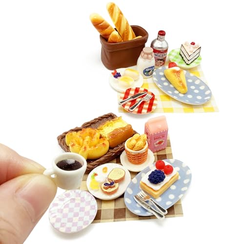 PRETTYLIFE 30pcs Miniature Breakfast Food Kit Cute 1:12 Mini Cakes Toast Dessert Juice Milk Plates Knife Fork Dollhouse Kitchen Scene Accessories Micro Landscape Decoration