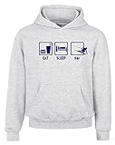 Coole-Fun-T-Shirts EAT Sleep SKI Kinder Sweatshirt mit Kapuze Hoodie grau-Navy, Gr.140cm
