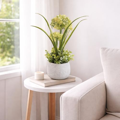 Image of Garden Art Artificial Hydrangea Mini Cluster Bouquet Arrangement in Decorative Pot - Realistic Faux Plant for Living Room Decor (P-0141Yellow)