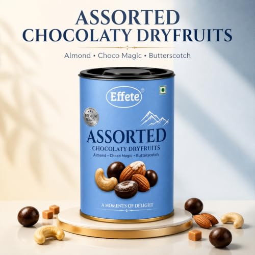 Image of Effete Choco Coated Assorted Chocolate Dryfruits Can (Almond, Butter Scotch, Choco Magic) - 96gm, Chocolaty Dryfruits, Assorted Dryfruits chocolates packet, chocolates gift pack, chocolate box