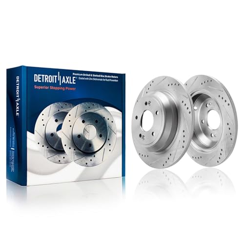 Image of Detroit Axle - Rear Brake Kit for 2010-2017 Hyundai Genesis Kia K900 Genesis G80, 2011 2012 2013 2014 2015 2016 Drilled and Slotted Disc Brake Rotors Ceramic Brakes Pads Replacement: 12.36 inch inch Rotor