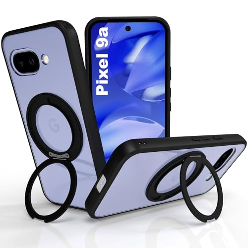 Image of RIGGEAR Shockproof Sleek Hybrid Armor 360 Rotating Magnetic Ring Stand Back Cover Case Compatible with MagSafe Accessories for Google Pixel 9A (Clear PC + Black TPU Bumper)