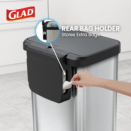 Image of Glad GLD-74506 Stainless Steel Step Trash Can with Clorox Odor Protection | Large Metal Kitchen Garbage Bin with Soft Close Lid, Foot Pedal and Waste Bag Roll Holder, 13 Gallon, Stainless