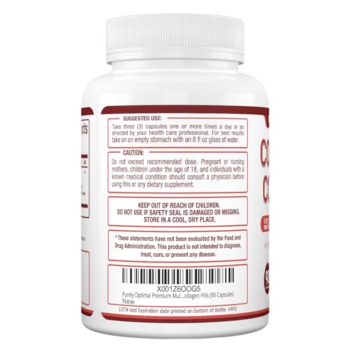 Purely Optimal Premium Multi Collagen Peptides Capsules (Types I, II, III, V, X) - Hair, Skin and Nails, Digestive & Joint Health Supplement, Hydrolyzed Collagen Pills (90 Capsules)