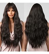 BERON Dark Brown Wig Long Curly Wig with Bangs Deep Brown Wig Synthetic Wig Black Brown Wigs for ...