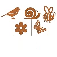 WANTOUTH 5 Stück Gartenstecker Rost Set Gartendeko Metall Rostige Vögel Schmetterling Schnecke Biene Blume Edelrost Deko Rostdeko Blumenstecker für Garten Terrasse Balkon Blumentopf Wetterfest