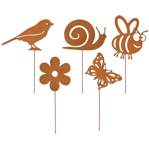 WANTOUTH 5 Stück Gartenstecker Rost Set Gartendeko Metall Rostige Vögel Schmetterling Schnecke Biene Blume Edelrost Deko Rostdeko Blumenstecker für Garten Terrasse Balkon Blumentopf Wetterfest