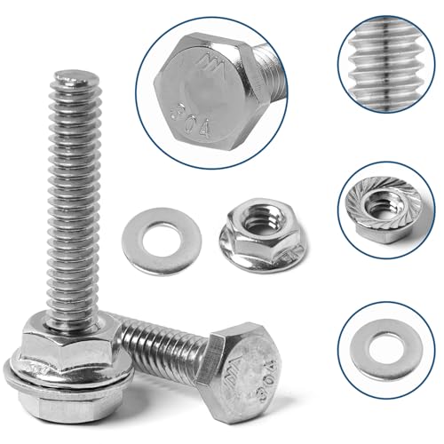 Image of 1 /4-20 Hex Bolts Screws Flange Hex Nuts Flat Washers Kit, Stainless Steel 304, Fully Threaded Hex Bolt 1 /4-20 x 1 /2 inch 3 /4 inch 1 inch 1-1 /4 inch 1-1 /2 inch 1-3 /4 inch 2 inch Length