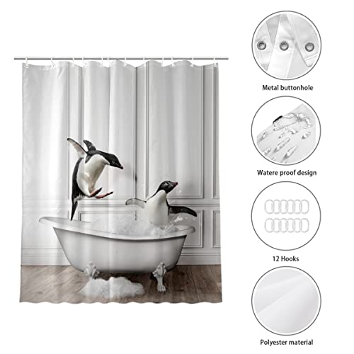 Komiku Funny Animal Shower Curtain, Penguin Bath Fun Animal Print Shower Curtain Set, Waterproof Fabric Modern Cool Design Polyester Bathroom Decor With 12 Hooks, Gift For Boys, 60W X 72H Inches #TOP3