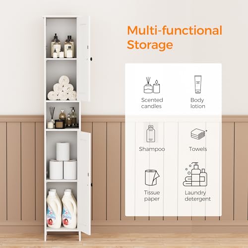 Homleke Tall Bathroom Storage Cabinet with 2 Doors, 67\"H Narrow Storage Cabinet with Adjustable Shelves& Anti-Tip Design, Reversible Door Installation, Easy Assembly, 11.8 x 11.8 x 66.9 Inches, White - Thumbnail 4