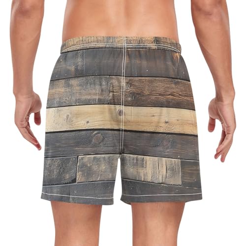 Mens Swim Trunks with Liner, Rustic Board Retro Texture Cool Quick Dry Beach Swim Shorts, Swimwear Bathing Suits S2