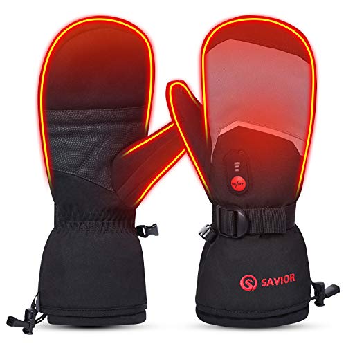 SAVIOR HEAT Heated Mittens Battery Ski Gloves, Upgraded Electric Rechargeable Mitts for Skiing Camping Hiking Arthritis Hands Men Women X-Large Grey