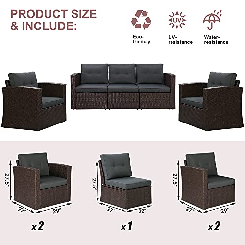 Outdoor Furniture Sets Patio Conversation Sets,Aluminum Frame Wicker Rattan Sectional Couch Sofa Set with Armchair (No Table-5 Piece, Brown/Grey)