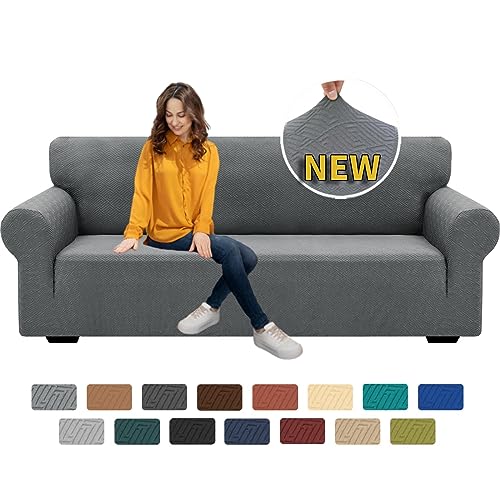 XINEAGE High Stretch Sofa Covers 3 Seater Latest Jacquard 1 Piece Sofa Slipcovers Living Room Universal Couch Covers for Dogs Pet Non Slip Sofa Furniture Protector Washable (3 Seater, Light Gray)
