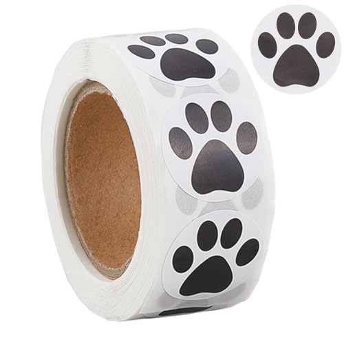 craspire 1 Rouleau 500Pcs Stickers d’Impression Patte de Chien Autocollant Patte d’Ours Noir 1 Pouce Petit Papier Rond Autocollant Animal Animal de...