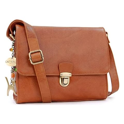Catwalk Collection Handbags - Women's Leather Crossbody Bag - Messenger - Fits iPad/Tablet - DIANA - Tan Cover