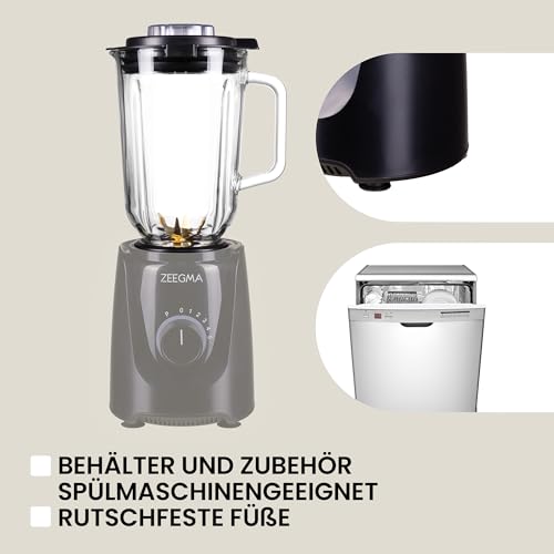 ZEEGMA GRAND VITAMINE BASE Mehrzweck-Standmixer Spitzenleistung von 1829 W, Bechermixer mit 2,2 l Glaskrug, 5 Geschwindigkeiten, 3 Betriebsmodi, 6 Messer, Ice Crushing, Smoothie