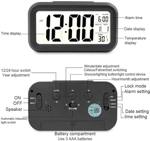 Relógio de Mesa Digital Inteligente com Sensor de Temperatura (Preto)