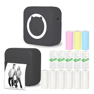 Mini Thermal Inkless Sticker Printer with 14 Rolls Paper, Compatible with iPhone/Android Phone/Tablet, Mini Pocket Printer for Photos/Stickers/Labels/Notes, Black