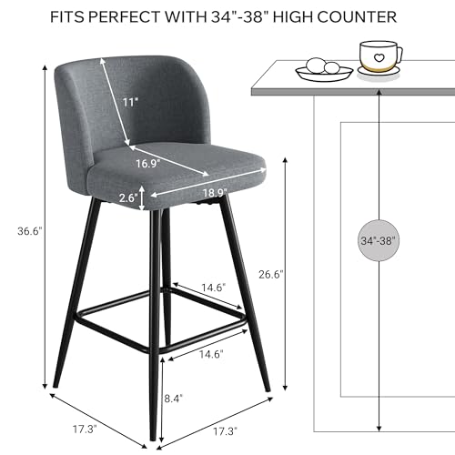 Image of Swivel Bar Stools Set of 2, 26 inch Counter Height Bar Stools with High Back and Metal Legs, Fabric Bar Chairs, Modern Barstools for Kitchen Island, Light Grey