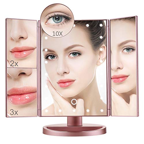 Makeup Mirror,Aiskki 10X/3X/2X/1X Magnification Mirror,180° Adjustable Rotation Vanity Mirror,Trifold Vanity Mirror,22 LED Lights,Touch screen adjustment brightness,Dual Power Supply Cosmetic Mirror