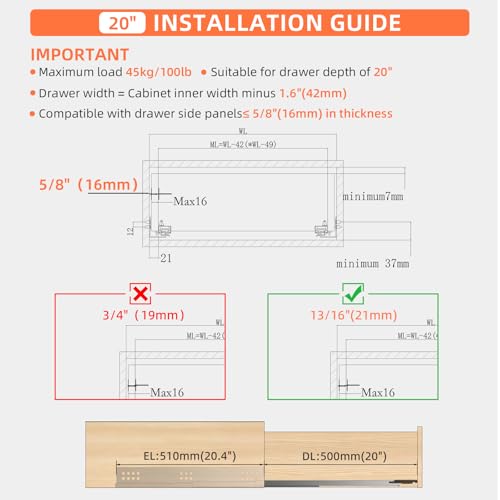 SIGOEI 20 Inch Soft Close Undermount Drawer Slides for Frameless Cabinets by SIGOEI - Used condition - Image 2