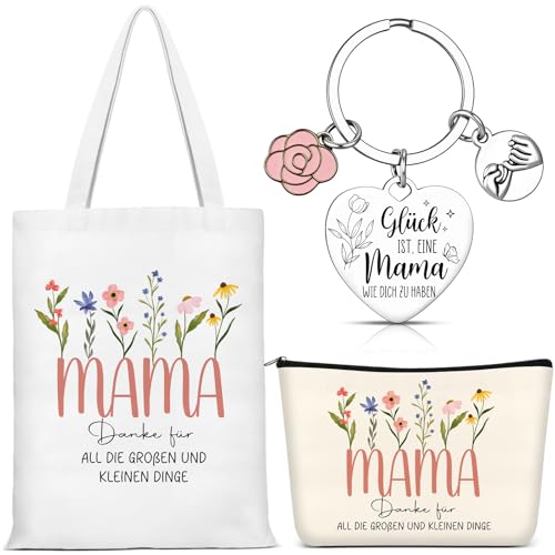 Otuuz 3 Stück Geschenke für Mama Baumwolltasche Canvas Tragetasche Einkaufstasche Kosmetiktasche mit Schlüsselanhänger Beste Mama Geschenke für Mutter zum Geburtstag Muttertag Weihnachten