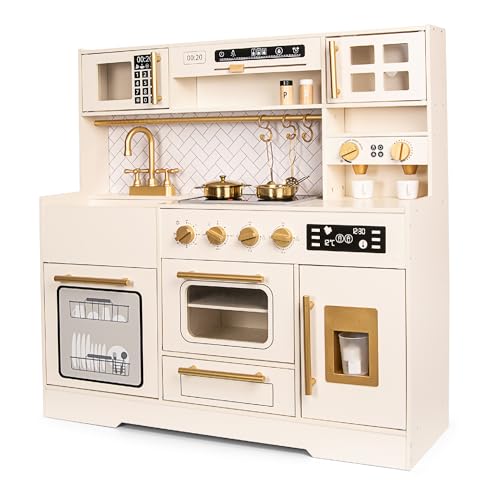 Leomark Juego de Cocina Infantil de Madera con Placa con Luz y Sonido, Fregadero, Electrodomésticos, Utensilios Dorados, Estilo Moderno, Ideal para Niños, Regalo Educativo y Creativo