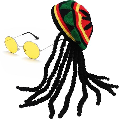 itsSpooky Rasta Hat with Dreadlock Wig and Round Frame Yellow Lense Glasses - Jamaican Reggae Costume Set for Men & Women (Rasta Hat + Yellow Glasses)