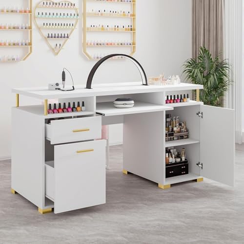 MaverickFurni White Nail Desk for Nail Tech, Manicure Table with