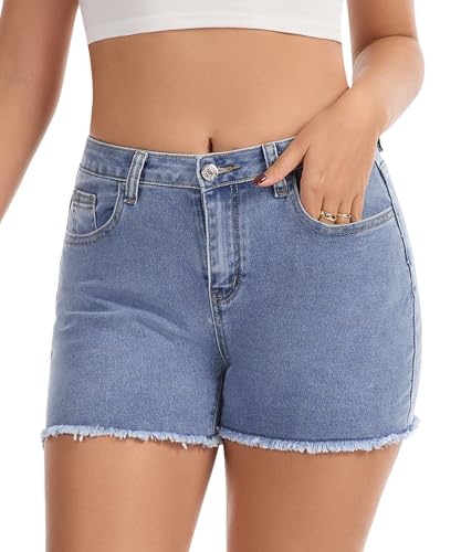 Image of VIPONES Women Mid Rise Jeans Shorts Frayed Raw Hem Summer Stretchy Casual Denim Shorts